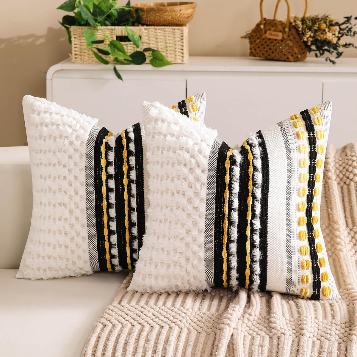 Boho Chenille Tufted Couch Throw Pillow Covers 18x18 Inch Set of 2 Farmhouse Striped Decorative
