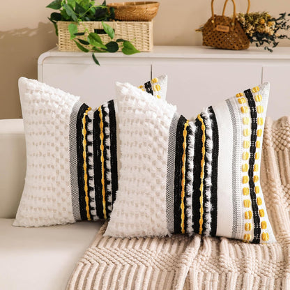 Boho Chenille Tufted Couch Throw Pillow Covers 18x18 Inch Set of 2 Farmhouse Striped Decorative