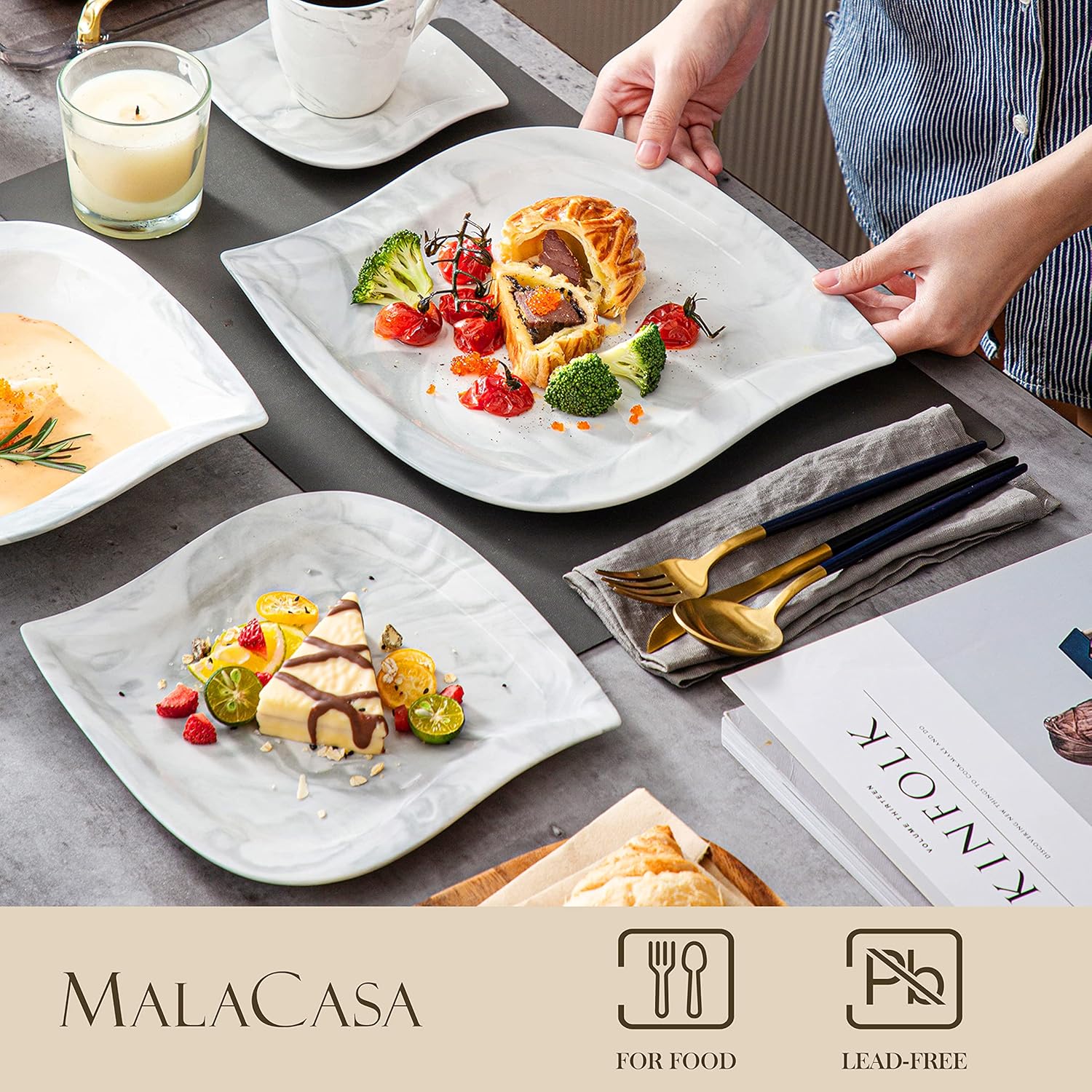 MALACASA Marble Grey Dinnerware Sets, 30-Piece Porcelain Dinnerware Set, Modern Plates and Bowls