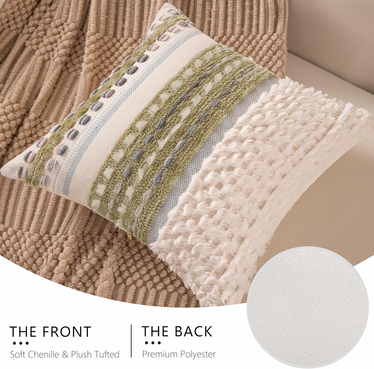 Boho Chenille Tufted Couch Throw Pillow Covers 18x18 Inch Set of 2 Farmhouse Striped Decorative