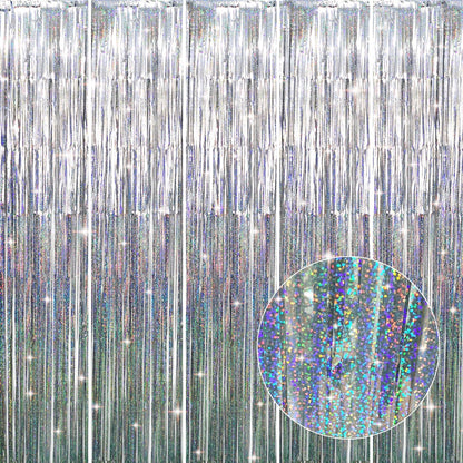 GOER 3.2 ft x 9.8 ft Metallic Tinsel Foil Fringe Curtains Party Photo Backdrop Party Streamers for