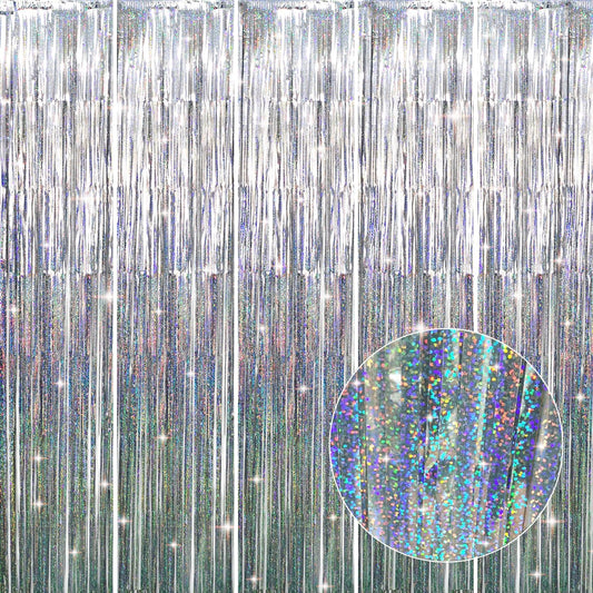GOER 3.2 ft x 9.8 ft Metallic Tinsel Foil Fringe Curtains Party Photo Backdrop Party Streamers for