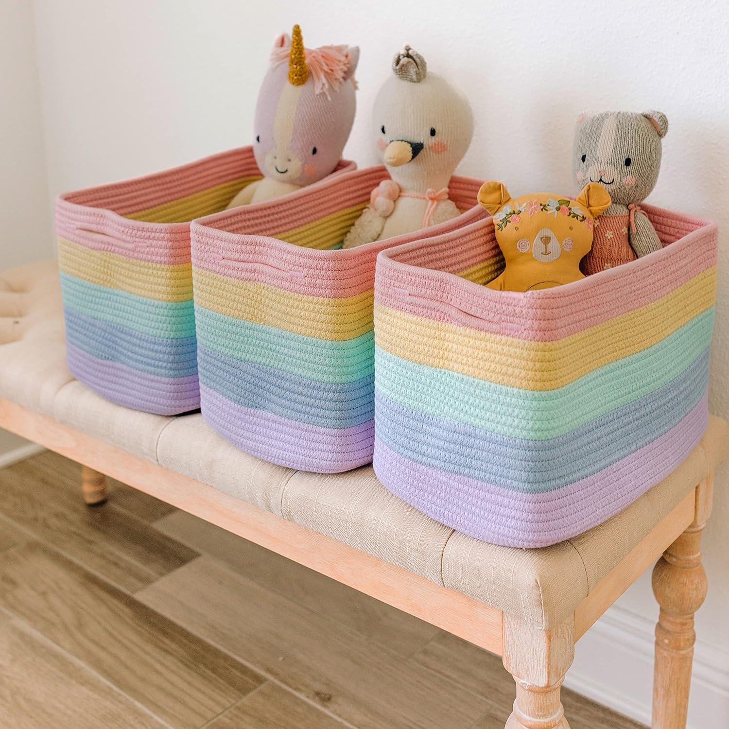 OrganiHaus Set of 3 Rainbow Woven Storage Baskets for Organizing, Cotton Rope Organizer Bins for