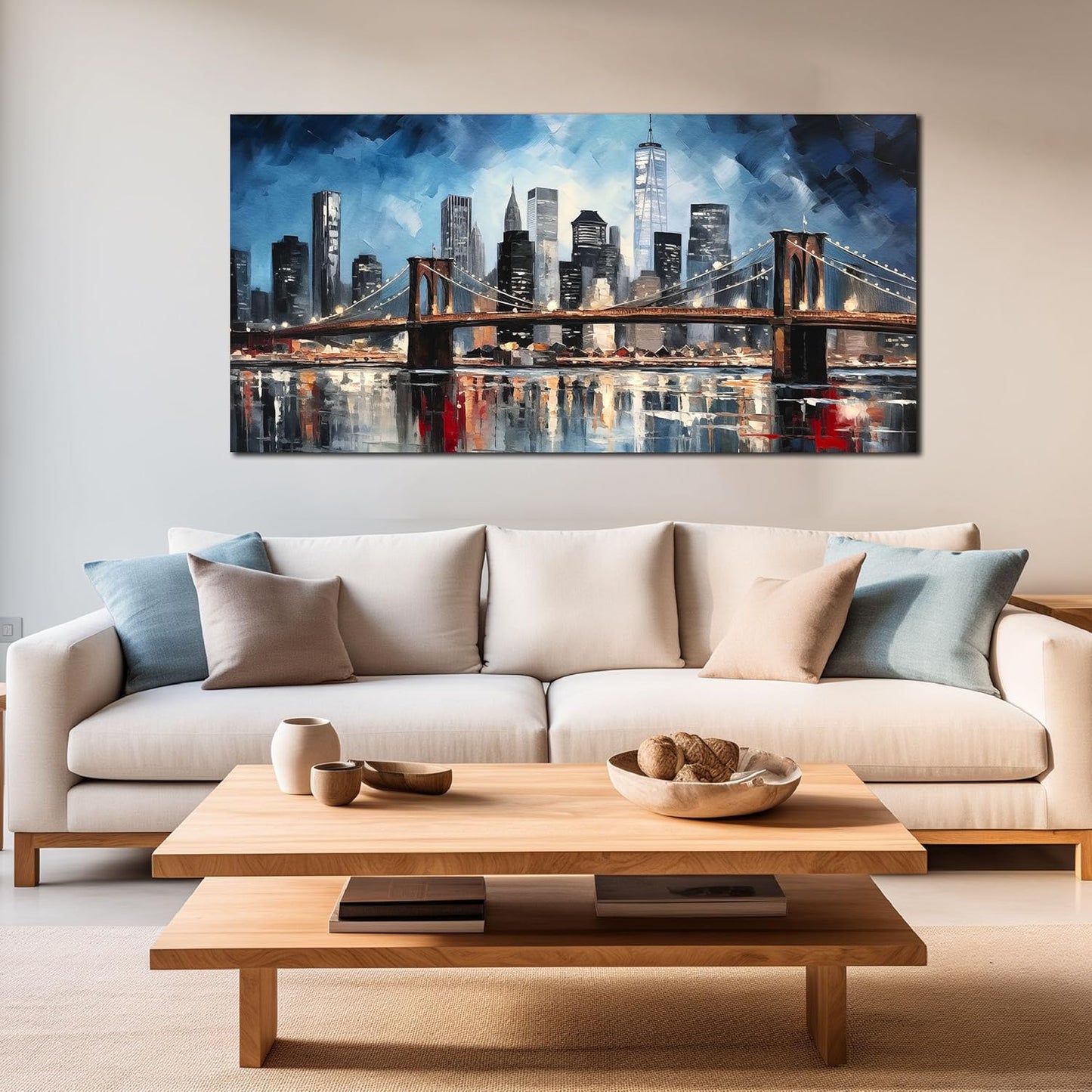 Brooklyn Bridge Wall Art for Bedroom,Modern City Large Canvas Wall Art Living Room,Blue Home Office