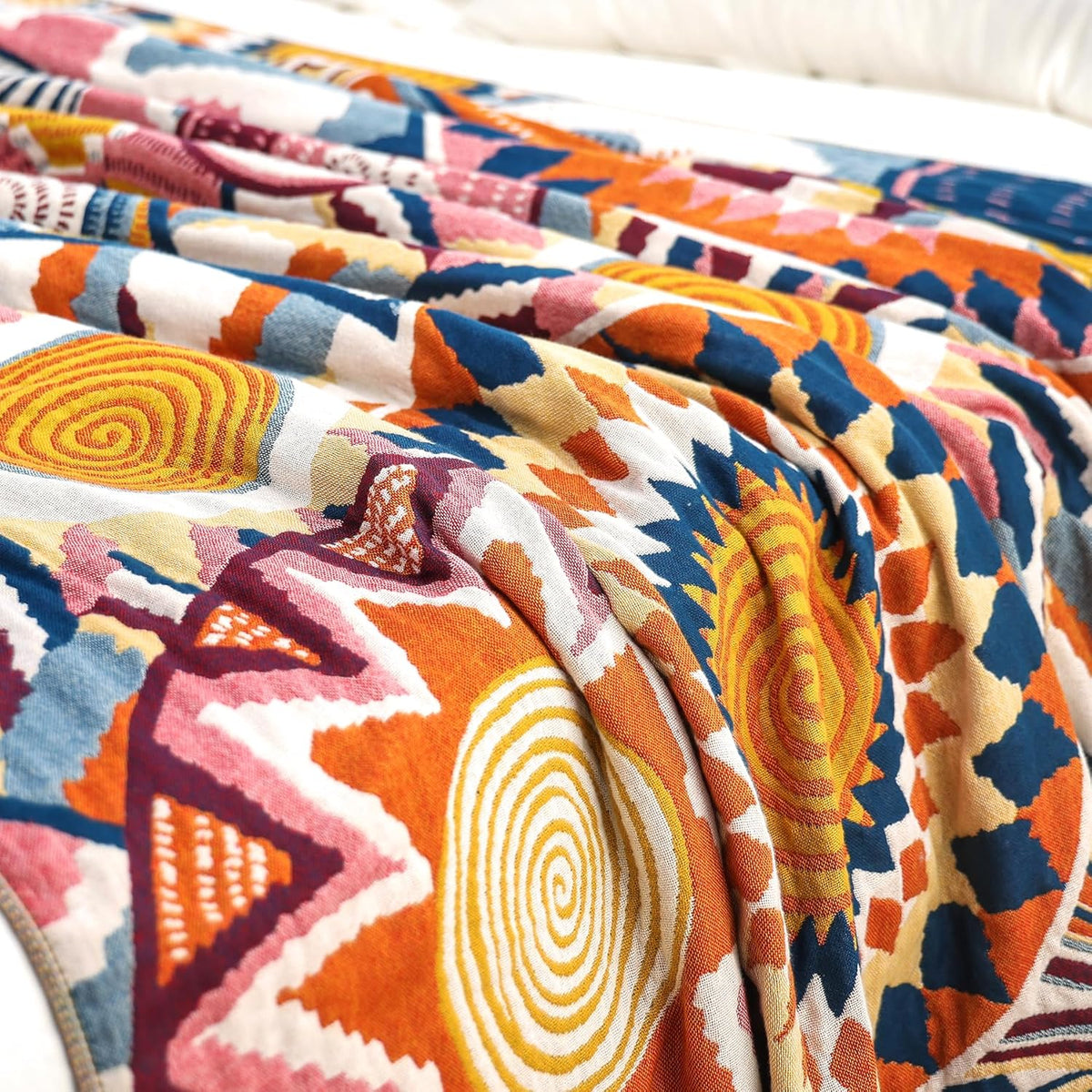 Boho Throw Blanket, 100% Organic Muslin Cotton Breathable Ultra Soft Bed Quilt Throw - All Season