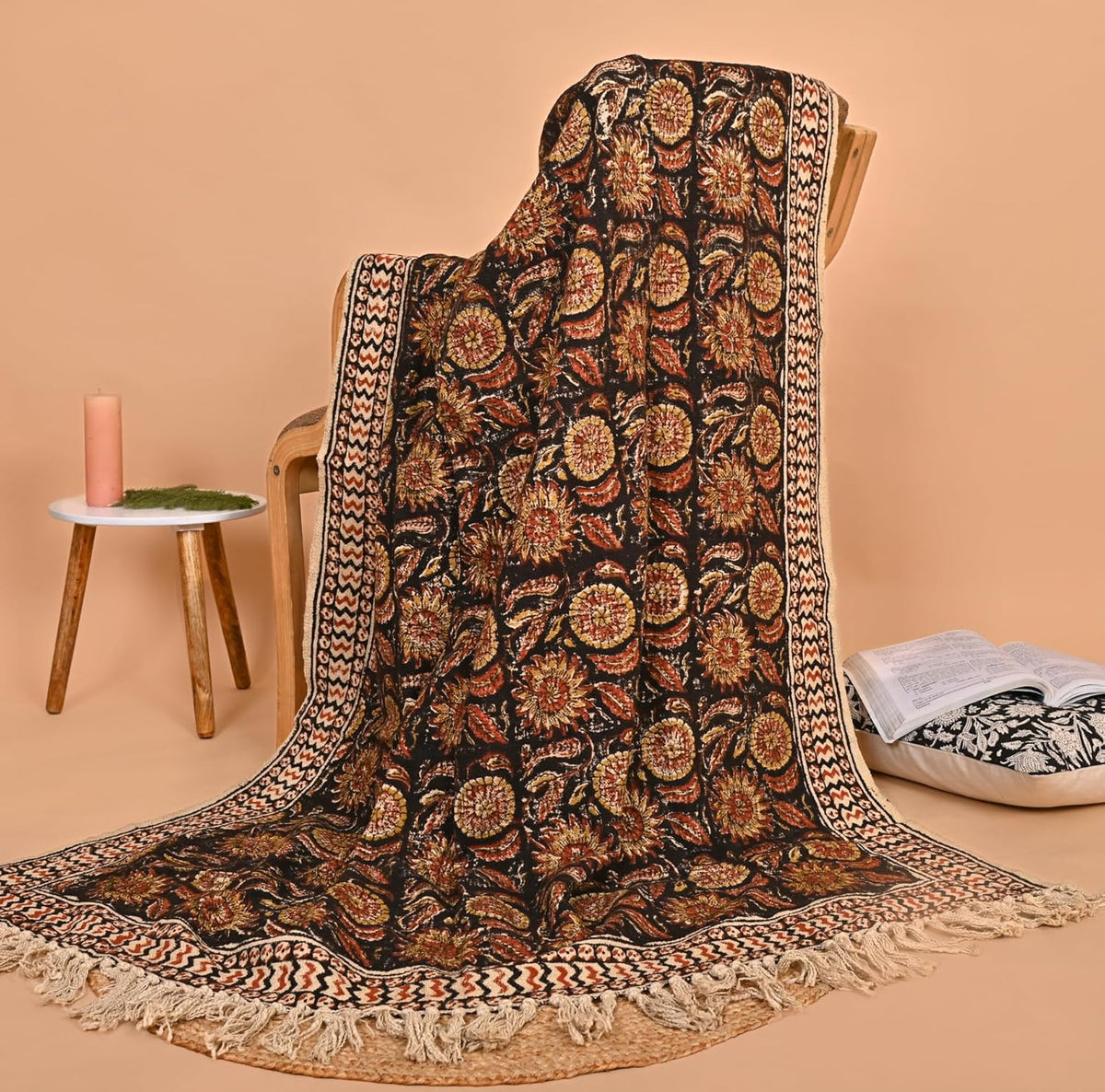 Bohemian Mud Cloth Handmade Throw with Tassels - 120x180 CM Handblock Printed Floral Cotton