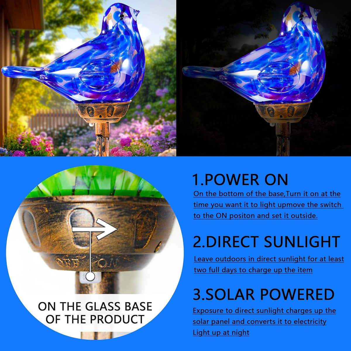 Decorative Solar Lights, Outdoor Solar Bird Stake Lights, Hand Blown Glass Decorative Garden