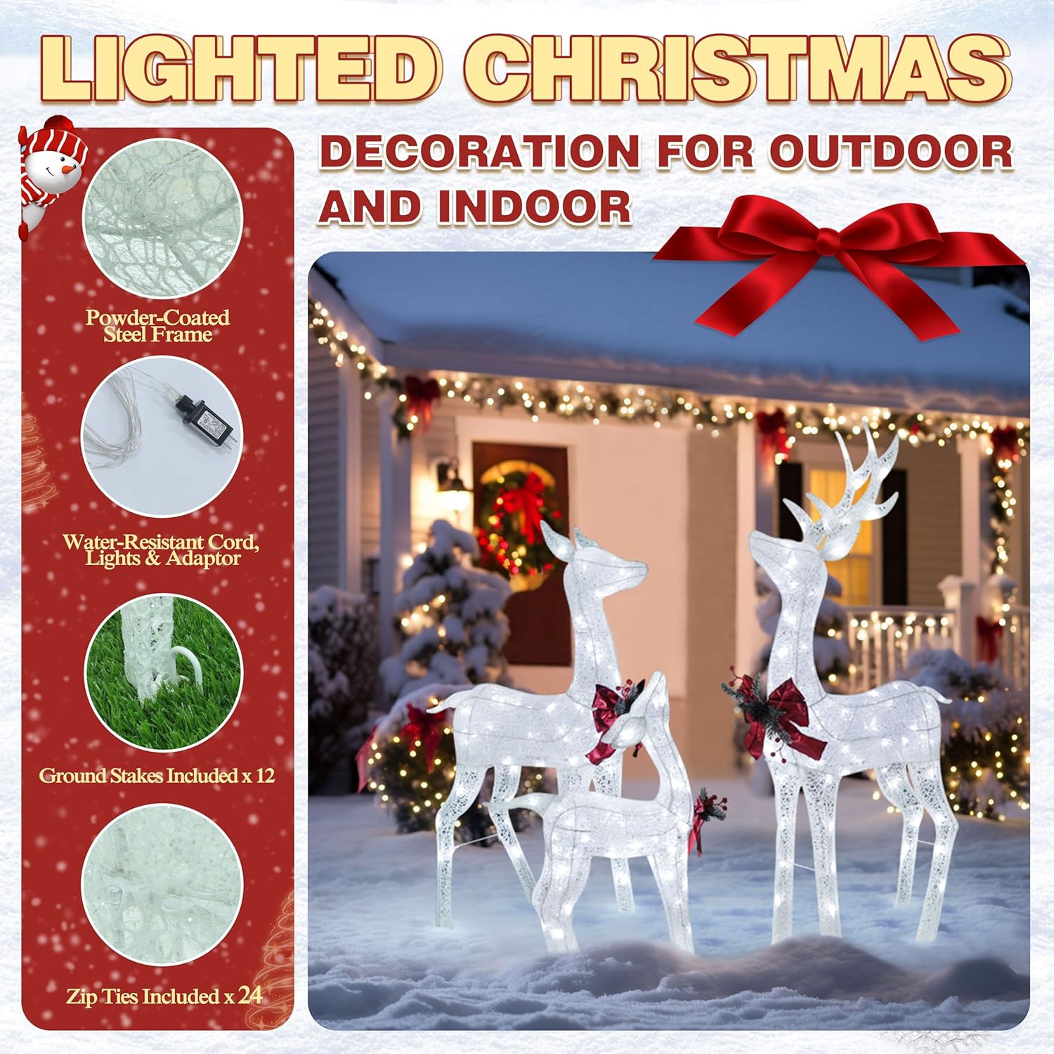 4.5FT Lighted Reindeer Family Set for Christmas Decoration, 3 Pieces Pre-Lit Iridescent Deer Xmas