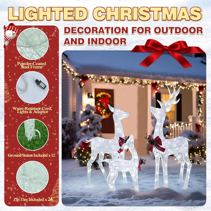 4.5FT Lighted Reindeer Family Set for Christmas Decoration, 3 Pieces Pre-Lit Iridescent Deer Xmas