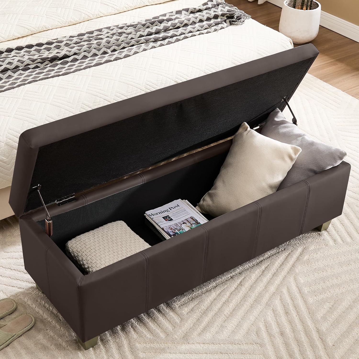 41" Faux Leather Storage Ottoman, Stitch Tufted Rectangle Upholstered End of Bed Storage Bench