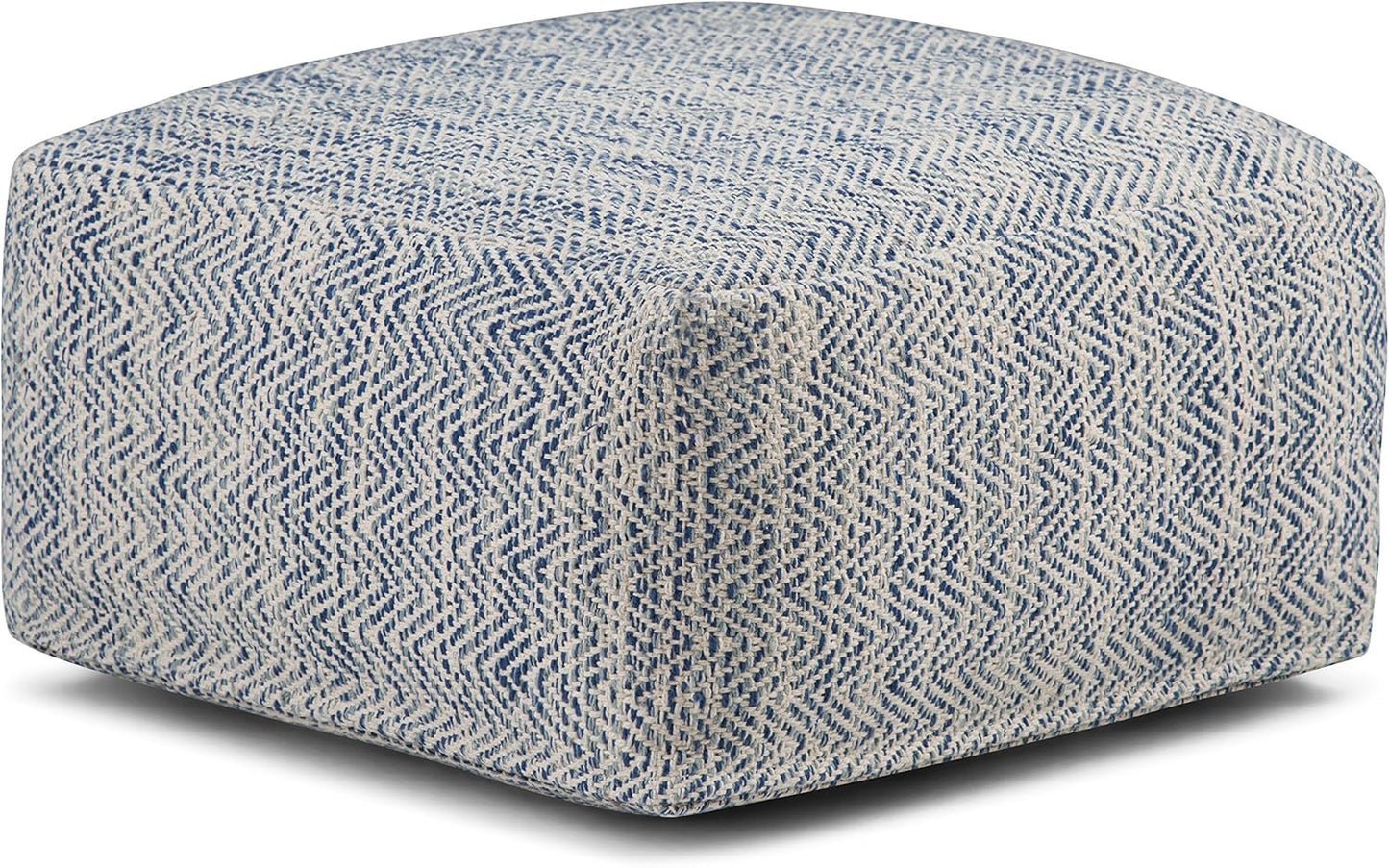 SIMPLIHOME Nate 20-inch Wide Square Pouf in Patterned Denim Mélange, Handwoven Boho-Style Cotton