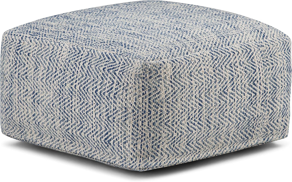 SIMPLIHOME Nate 20-inch Wide Square Pouf in Patterned Denim Mélange, Handwoven Boho-Style Cotton