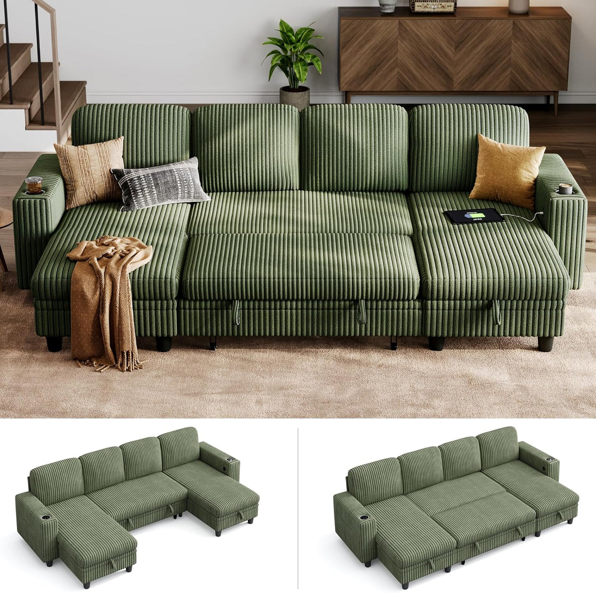 LINSY HOME Sectional Sleeper Sofa with Pull Out Couch Bed - Convertible Plush Corduroy Cloud Couch