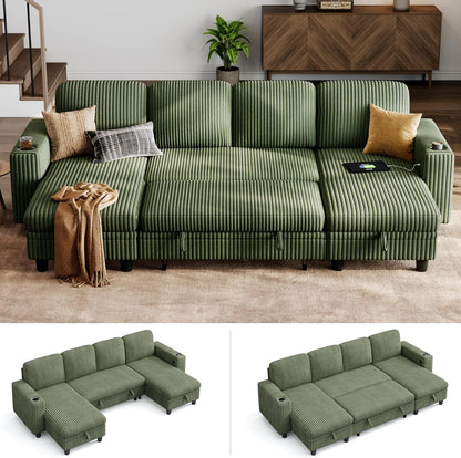 LINSY HOME Sectional Sleeper Sofa with Pull Out Couch Bed - Convertible Plush Corduroy Cloud Couch