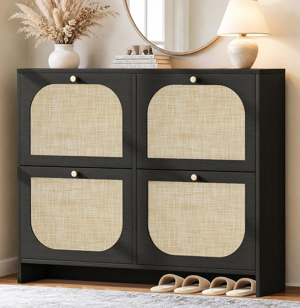Shoe Cabinet for Entryway with 4 Flip Drawers, 9.5" Slim Wooden Shoe Storage Cabinet Fits Size 12+