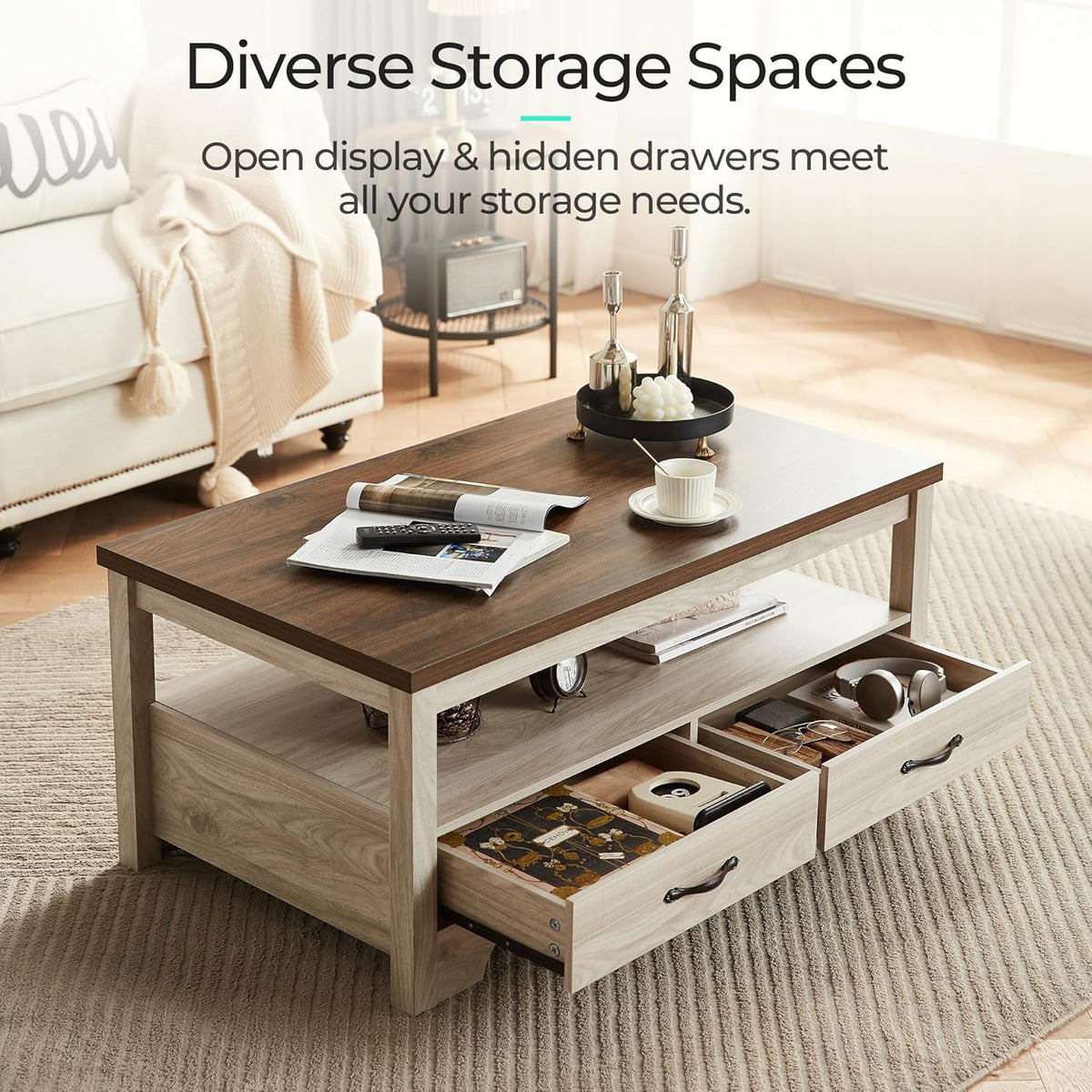 LINSY HOME Farmhouse Coffee Table with Storage, Wood Coffee Table for Living Room, Open Display