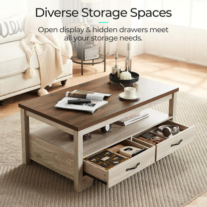 LINSY HOME Farmhouse Coffee Table with Storage, Wood Coffee Table for Living Room, Open Display