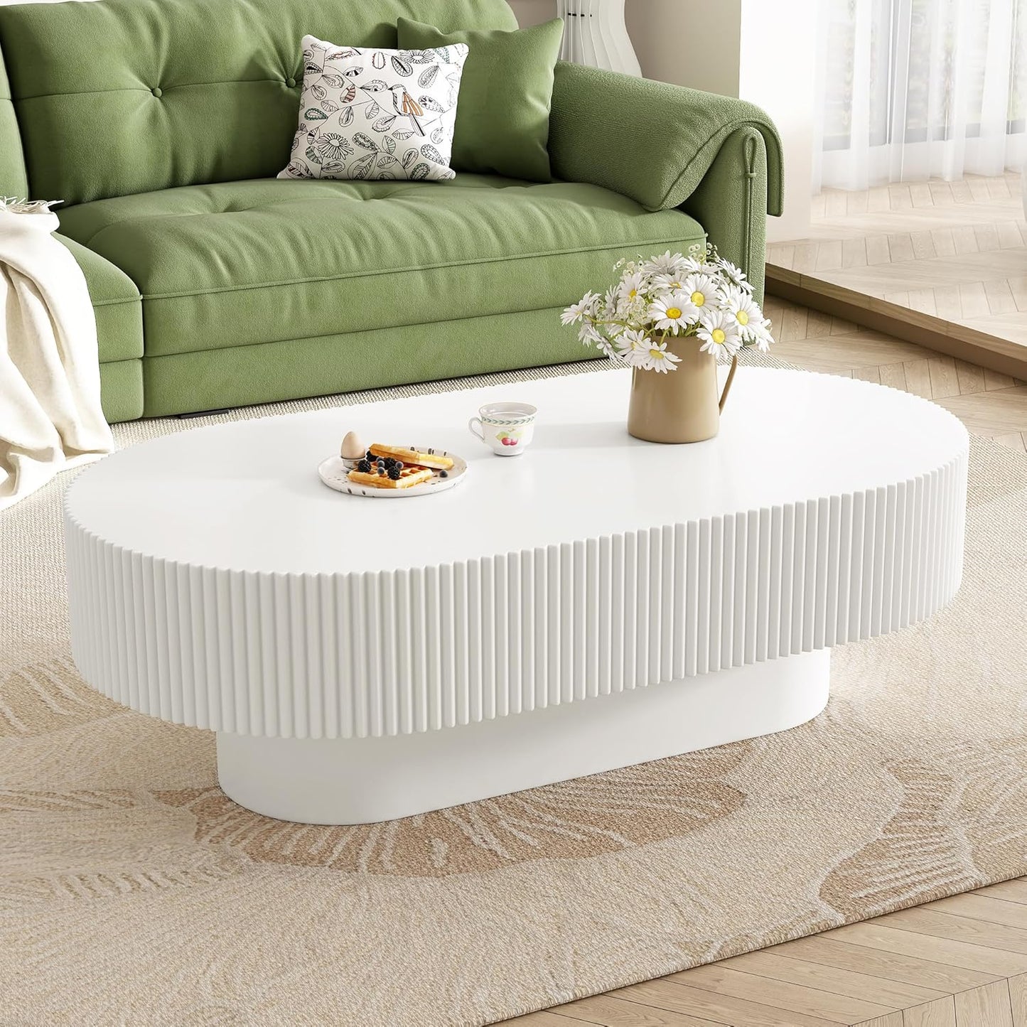 43.3" Oval Fluted Coffee Table Modern Elegant Drum End Table, Minimalist Center Table 7.8" Thick