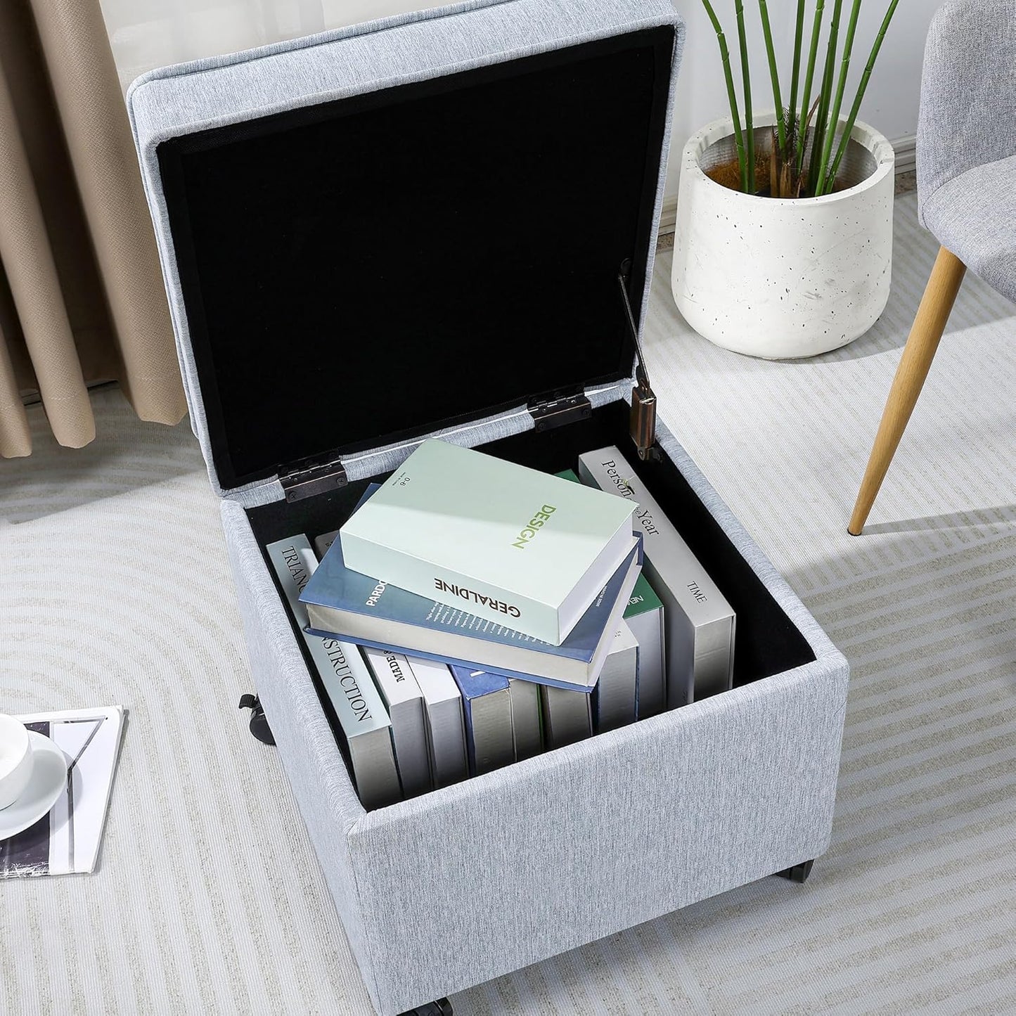 Adeco 17.5" Square Fabric Ottoman with Storage, Upholstered Cotton Linen Foot Rest, Flip Top