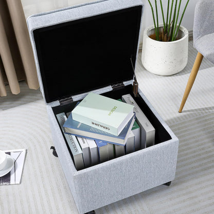 Adeco 17.5" Square Fabric Ottoman with Storage, Upholstered Cotton Linen Foot Rest, Flip Top