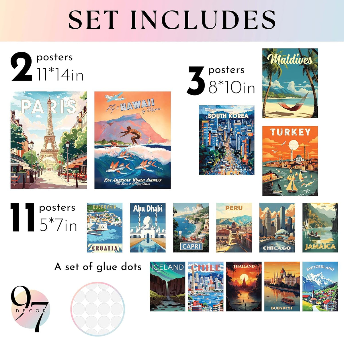 97 Decor LARGE 11x14 Vintage Travel Posters Wall Art - Retro Travel Decor For Home, Traveling Art