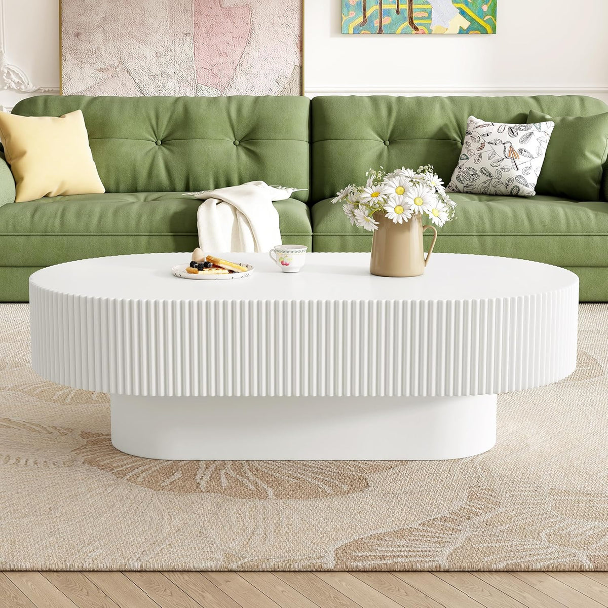 43.3" Oval Fluted Coffee Table Modern Elegant Drum End Table, Minimalist Center Table 7.8" Thick