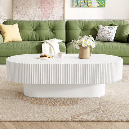 43.3" Oval Fluted Coffee Table Modern Elegant Drum End Table, Minimalist Center Table 7.8" Thick