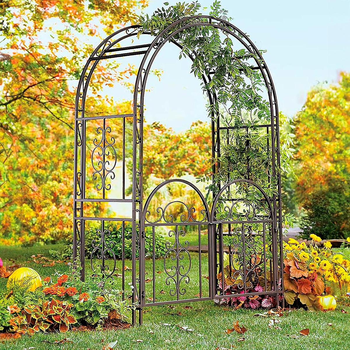 Plow & Hearth Arch Metal Outdoor Garden Arbor Double Gate | Montebello | 7 Feet Tall | Gunmetal