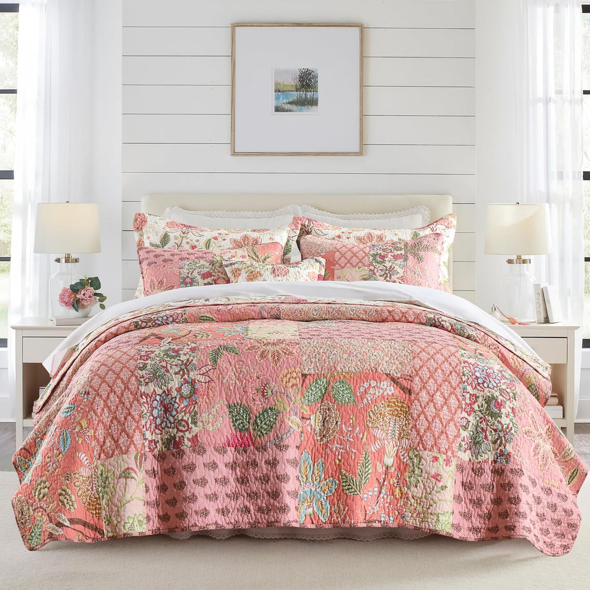 NEWLAKE Cotton Patchwork Bedspread, 3-Piece Bedding Quilt Set with Real Stitched Embroidery