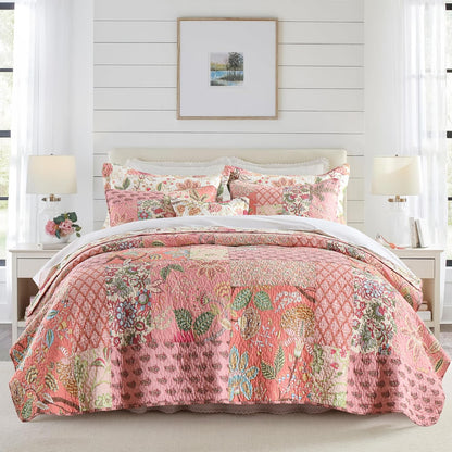 NEWLAKE Cotton Patchwork Bedspread, 3-Piece Bedding Quilt Set with Real Stitched Embroidery