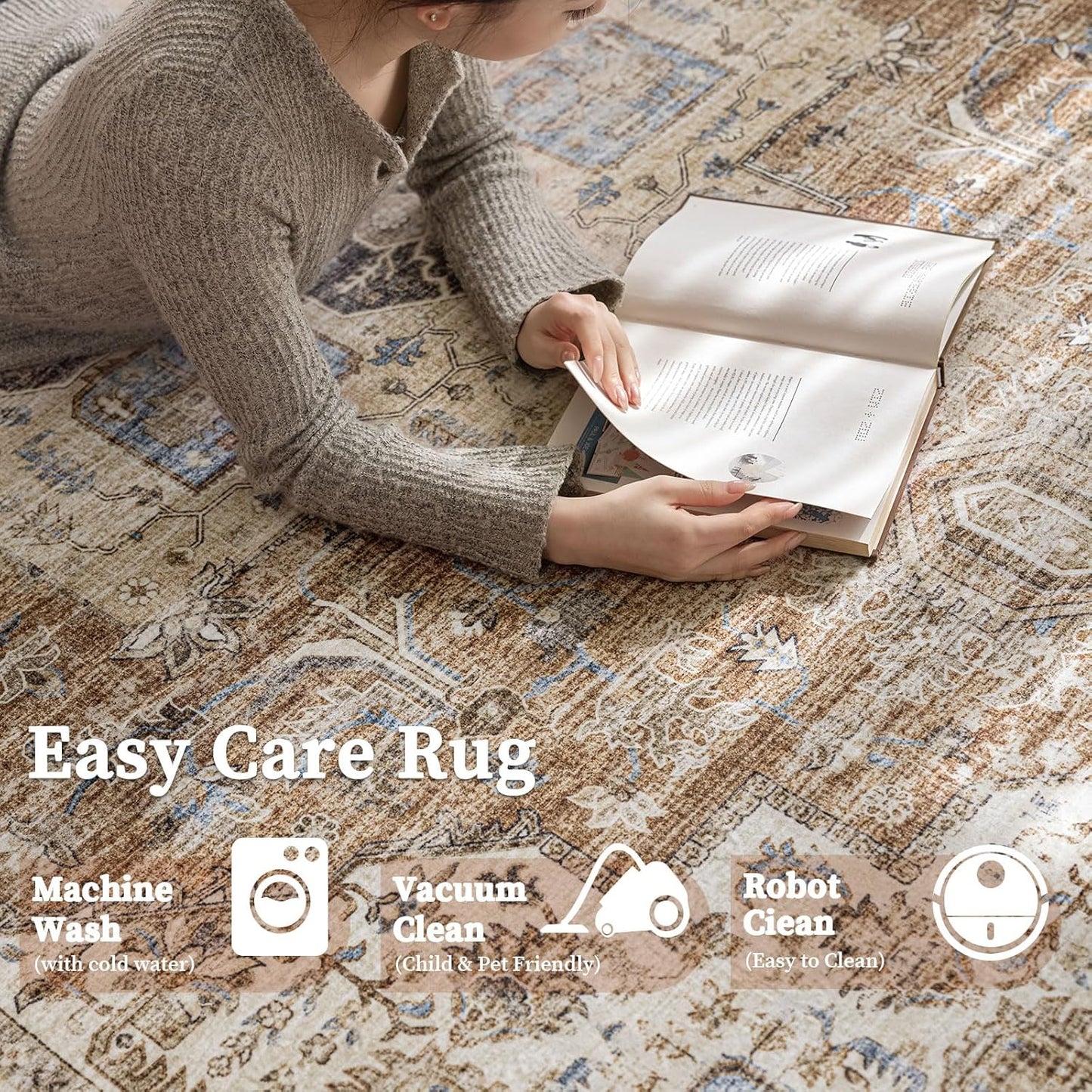 6'x9' Area Rug - Vintage Persian Medallion Design Low-Pile Faux Wool Rug, Non-Slip Backing, Machine