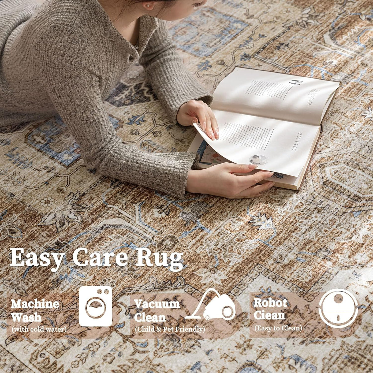 6'x9' Area Rug - Vintage Persian Medallion Design Low-Pile Faux Wool Rug, Non-Slip Backing, Machine