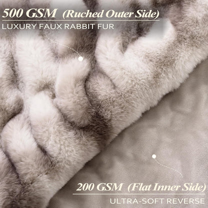 Touchat Ruched Faux Rabbit Fur Throw Blanket, 700 GSM Luxury Dual-Sided Soft Cozy Blanket, Fuzzy
