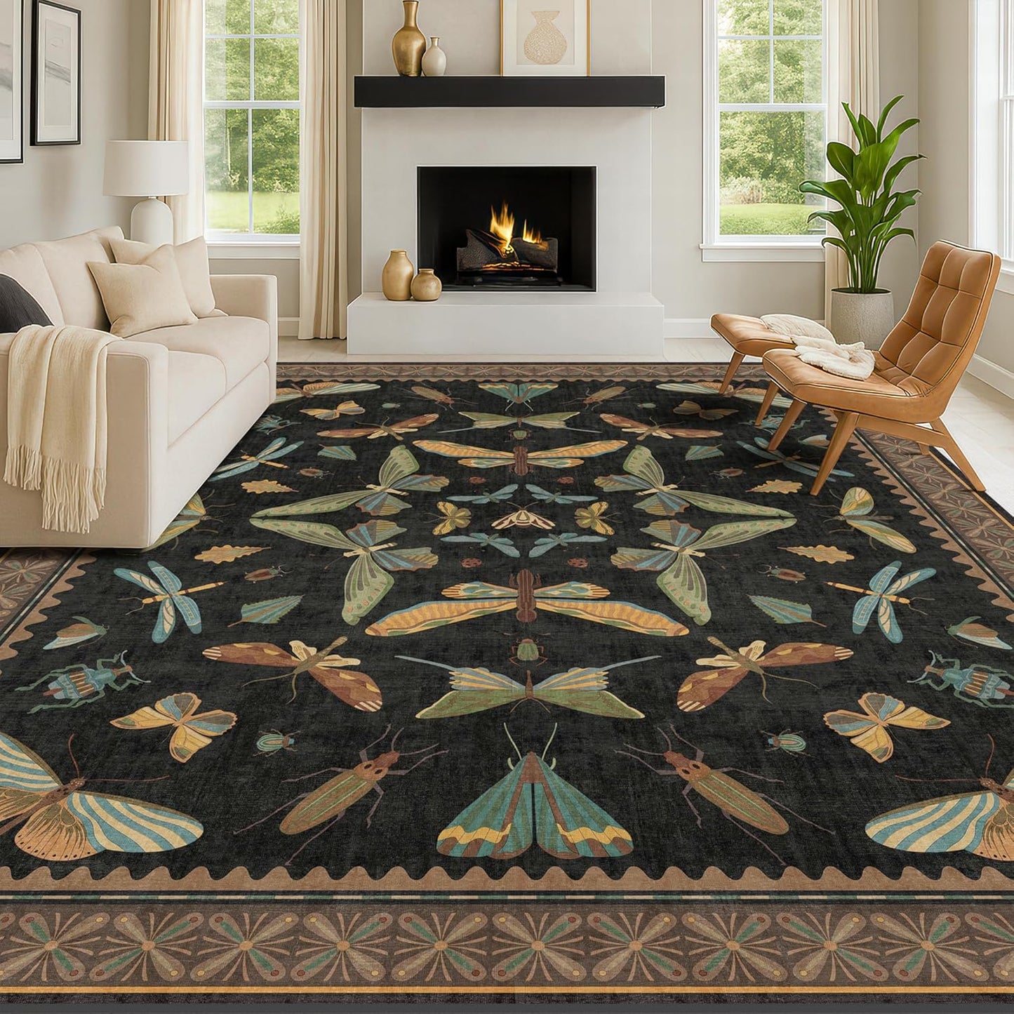 Black Washable Insect Area Rugs 8x10 - Bug, Dragonfly, Bee, Moth, Butterfly Print Rugs for Living