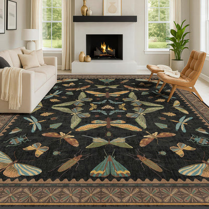 Black Washable Insect Area Rugs 8x10 - Bug, Dragonfly, Bee, Moth, Butterfly Print Rugs for Living