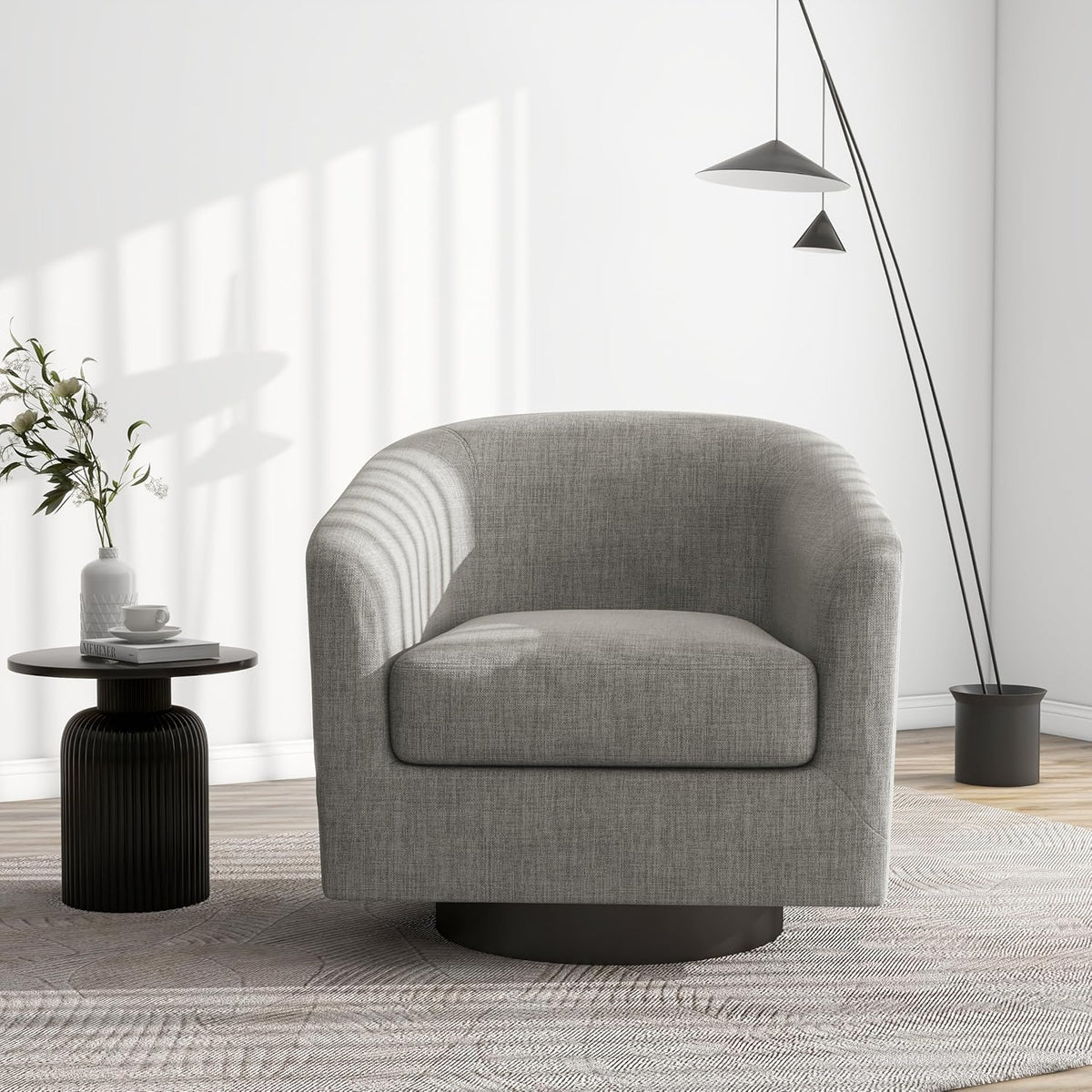 Swivel Barrel Accent Chair, Modern Round Linen Arm Chair for Living Room, Bedroom, Comfy Club