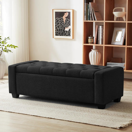 48" Ottoman with Storage, Black Storage Ottoman Bench with Safety Hinge, Upholstered Entryway Bench