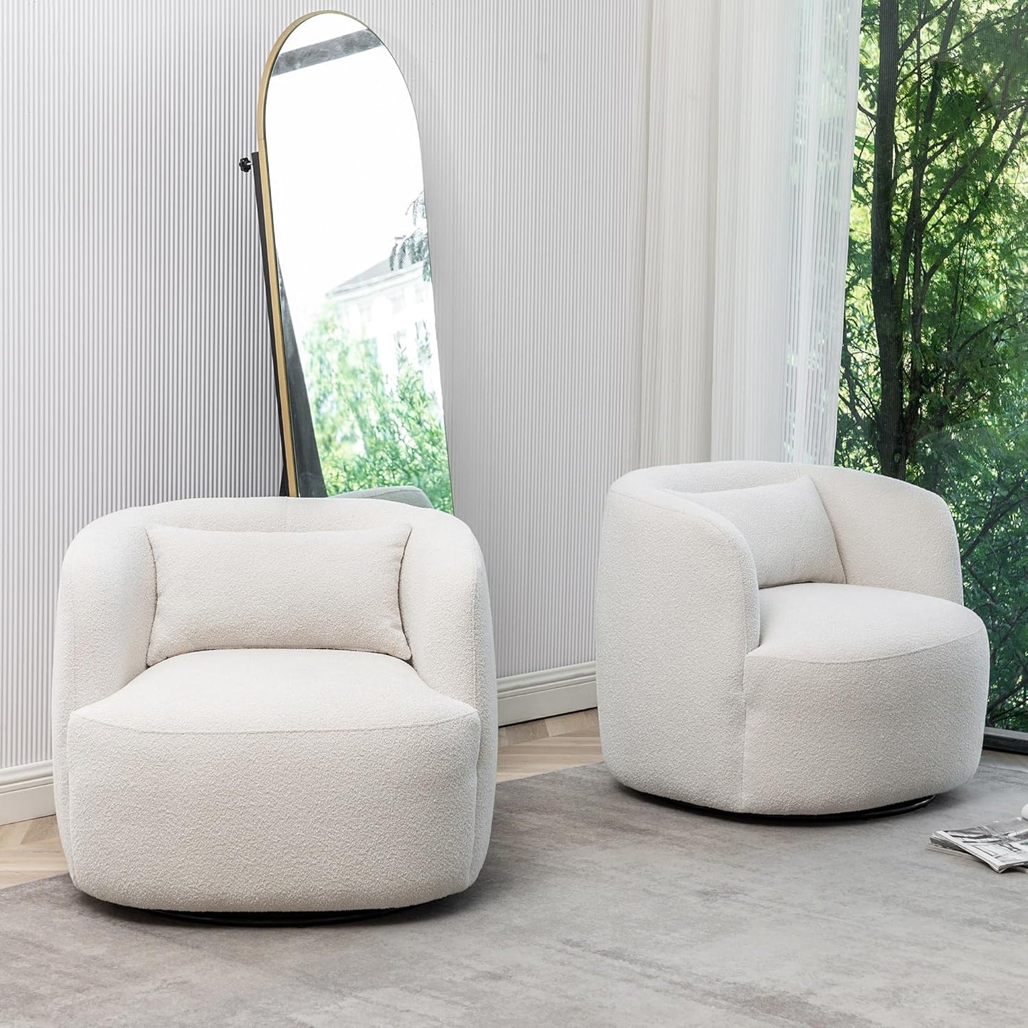 KINWELL 34" Wide Boucle Swivel Barrel Chairs Set of 2, No Assembly Round Upholstered Armchairs