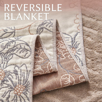JINCHAN Boho Floral 100% Cotton Blanket 4-Layer Throw Blanket with Tassel Taupe and White Flower