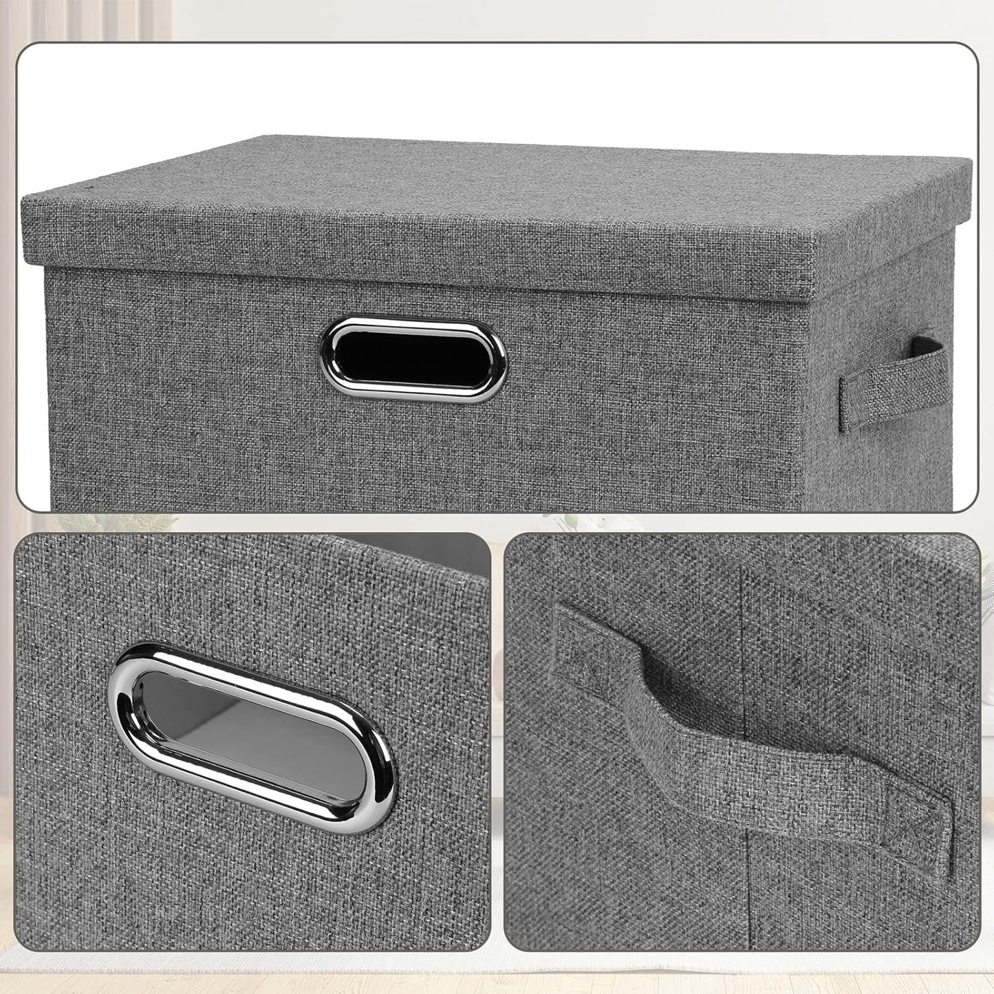Medium 15" 21 Quart Collapsible Stackable Storage Bins with Lids, 3 Packs Grey Foldable Fabric
