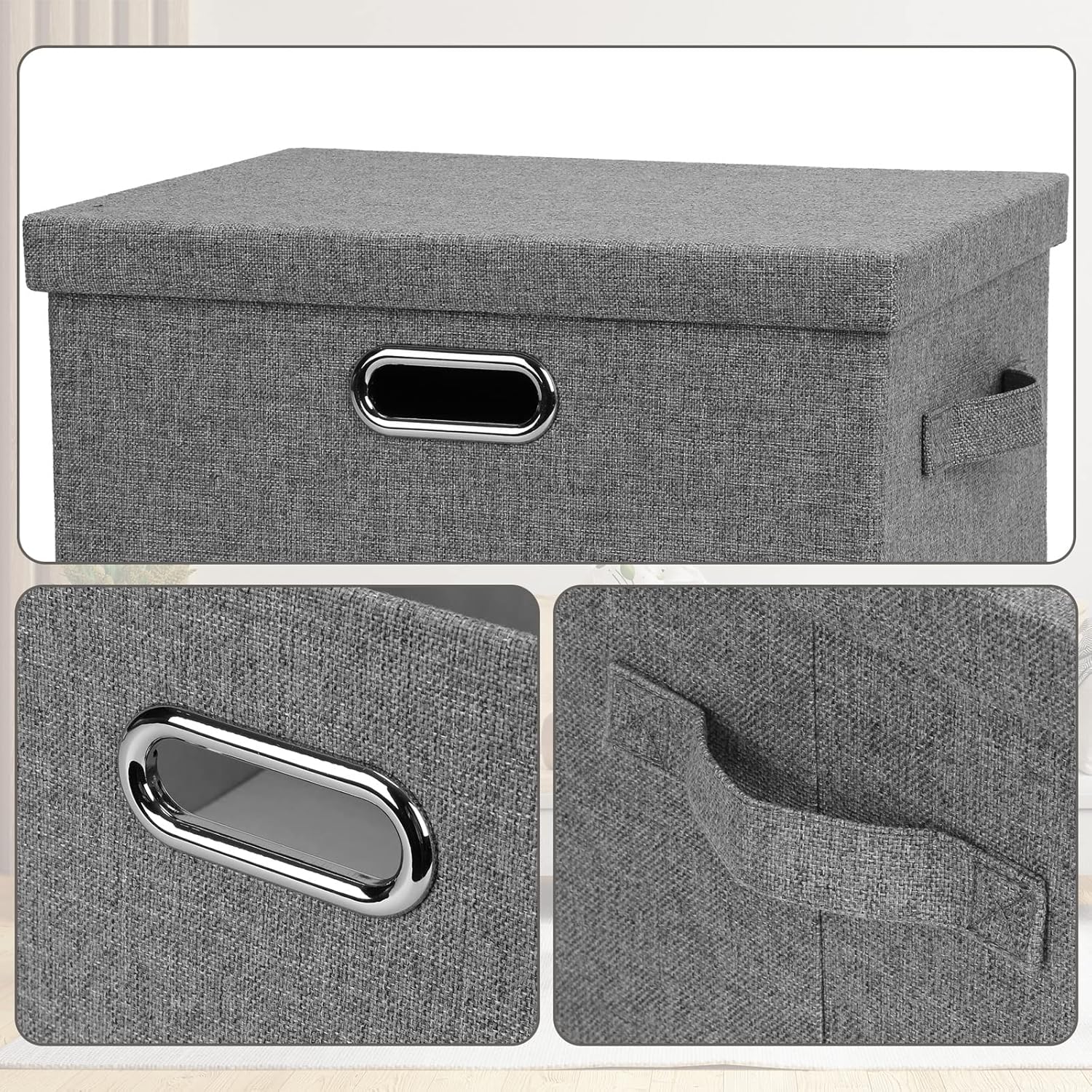 Medium 15" 21 Quart Collapsible Stackable Storage Bins with Lids, 3 Packs Grey Foldable Fabric