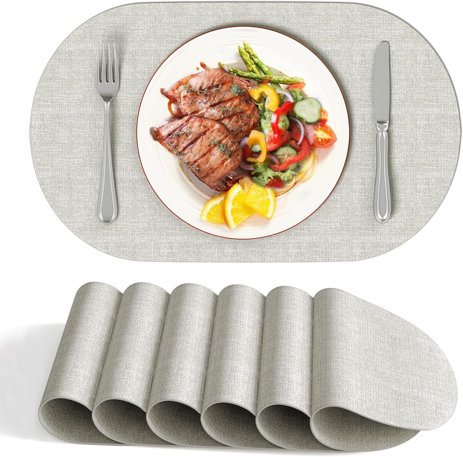 DOLOPL Placemats Set of 6, Oval Reversible Wipeable & Heat Resistant Place Mats, Modern Faux