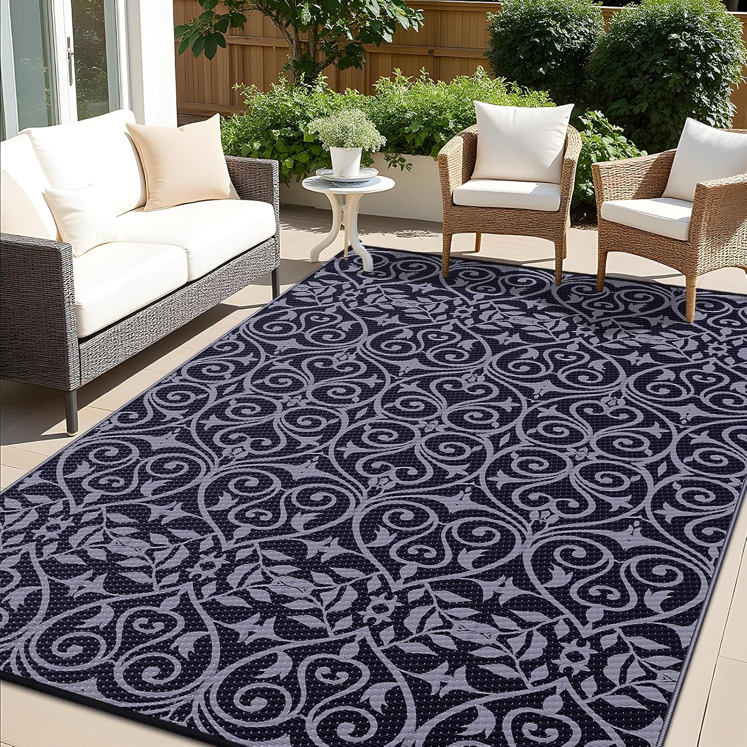 OLANLY Outdoor Rug Waterproof 8x10 ft Clearance, Reversible Outdoor Plastic Straw Rug with Floral