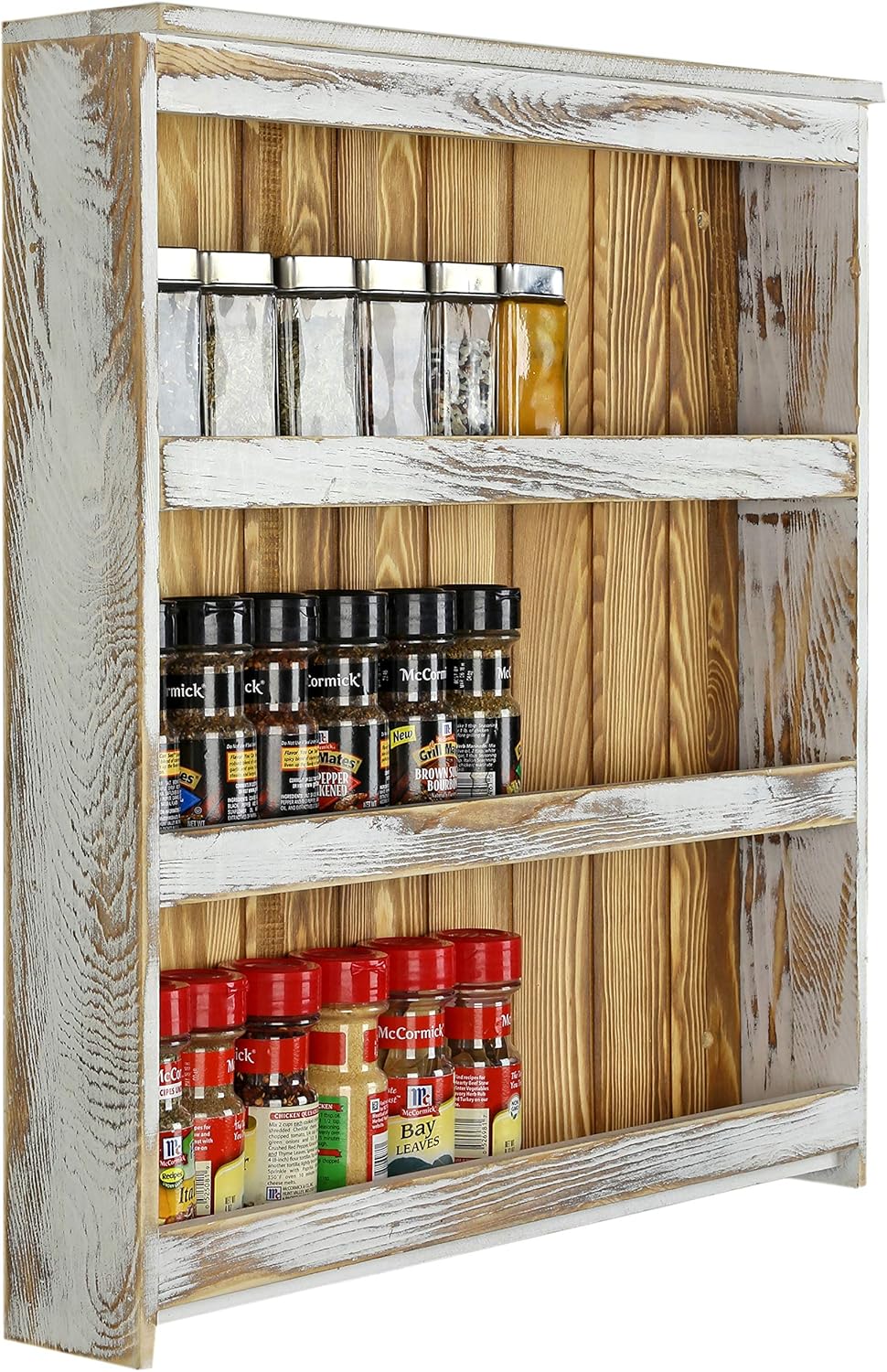 MyGift 3 Tier Wall Mounted Spice Rack, Shabby White Washed and Rustic Natural Burnt Solid Wood