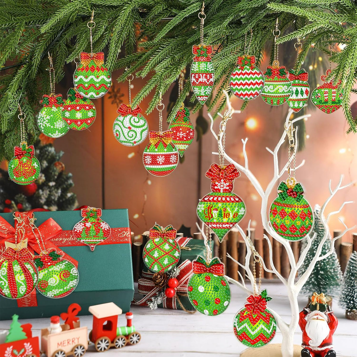 Tondiamo 20 Pcs Christmas Diamond Painting Keychain Kits 5D DIY Diamond Art Pendants Double Sided