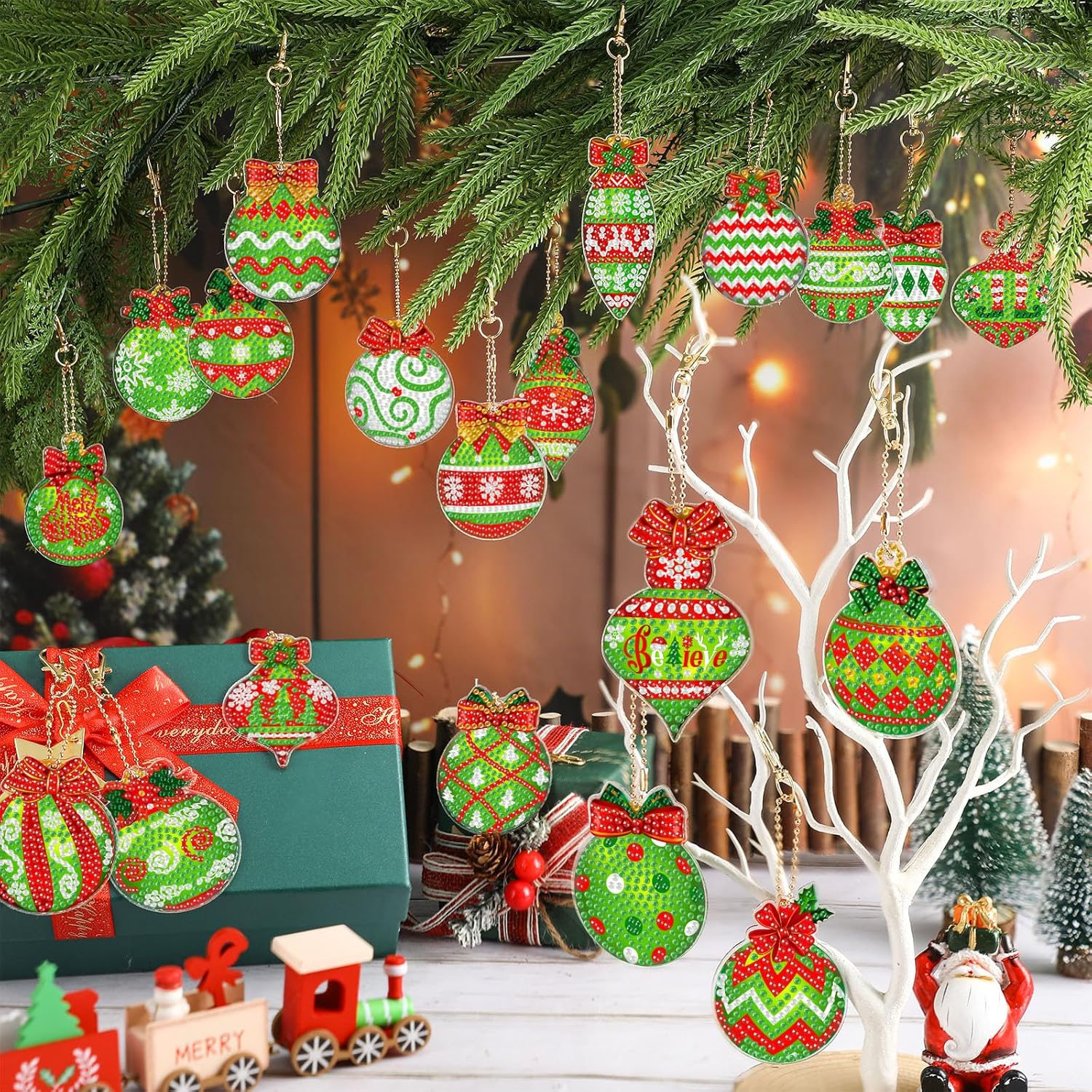 Tondiamo 20 Pcs Christmas Diamond Painting Keychain Kits 5D DIY Diamond Art Pendants Double Sided