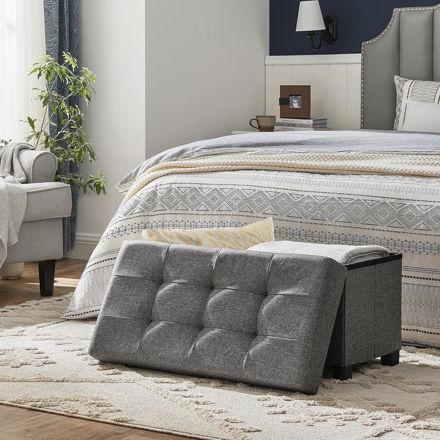 SONGMICS Storage Ottoman Bench, Foldable Foot Rest with Legs, 15 x 30 x 15.2 Inches, End of Bed