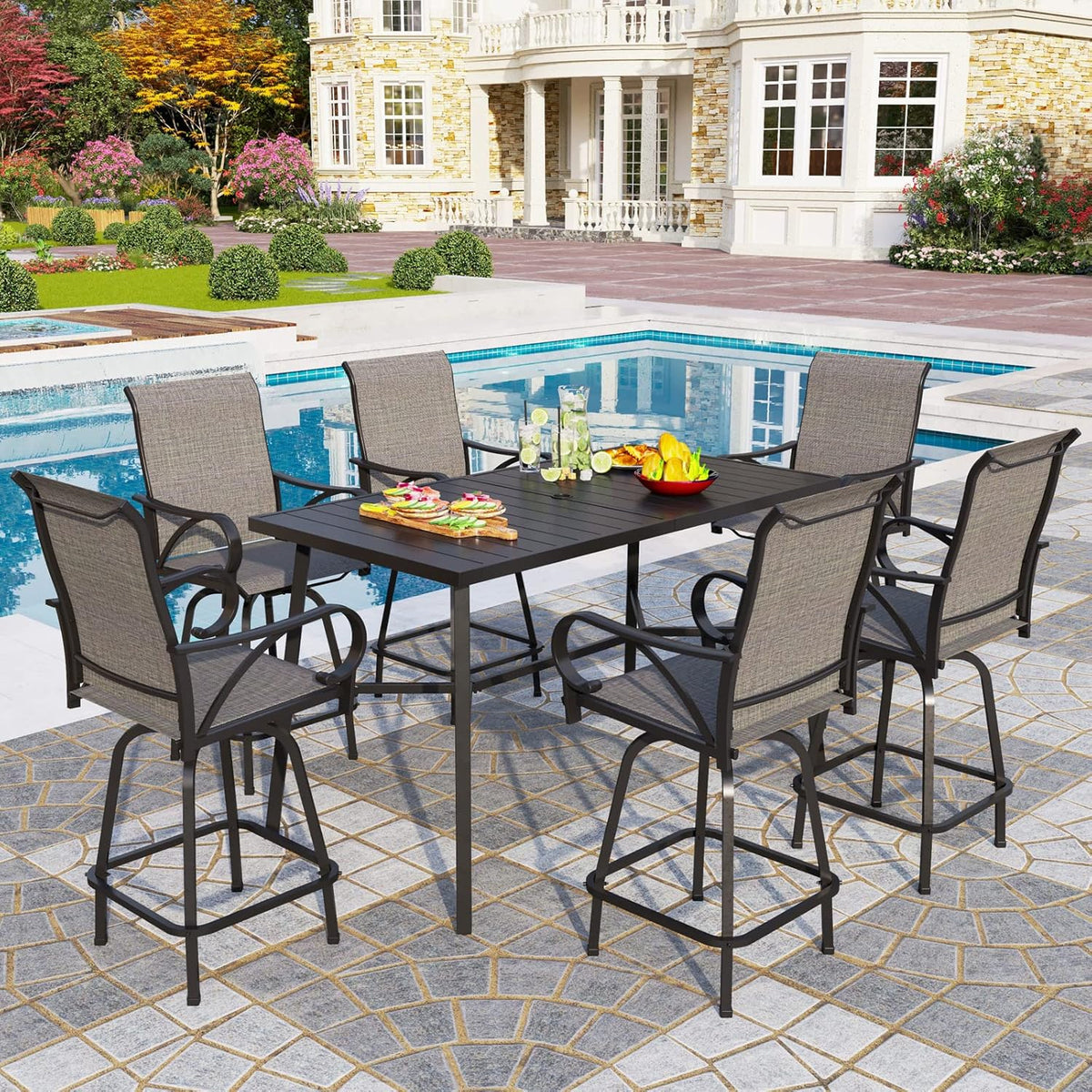 PHI VILLA 7 Piece Outoor Bar Dining Set, High Top Patio Bar Table and Chairs Set with 6 Outdoor