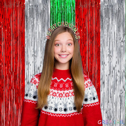 Red Silver Green Party Streamers - GREATRIL Christmas Tinsel Backdrop for Xmas Winter Italian Elf