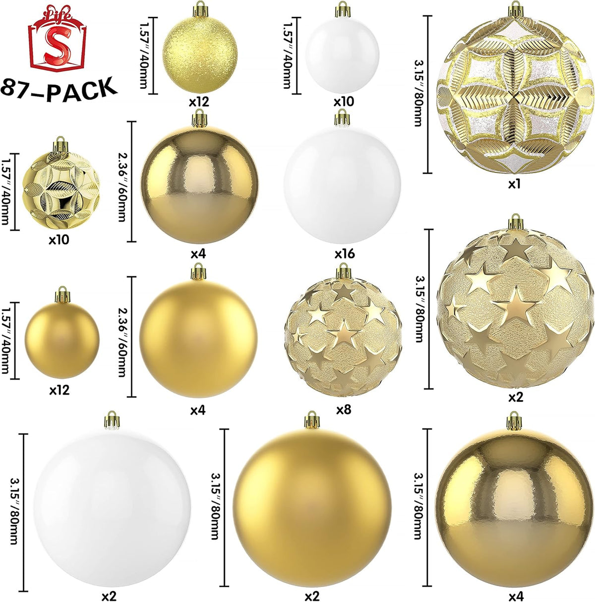 87ct Christmas Ball Ornaments Set Shatterproof Seasonal Hanging Decorations with Reusable Hand-held